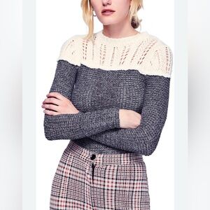 Free People Colorblock Crew‎ Neck Sweater Gray & Cream Boho Cottagecore Academia